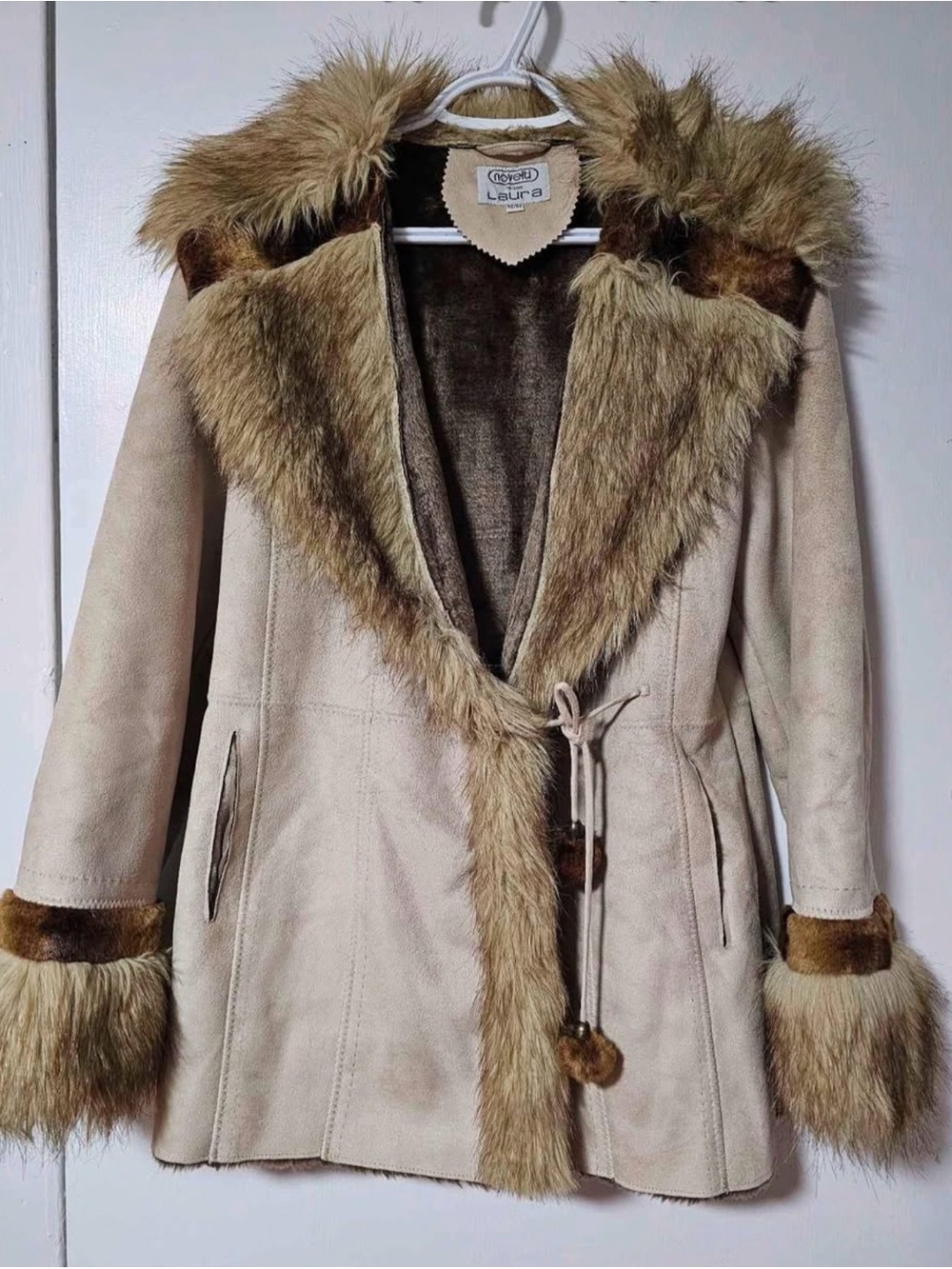 Laura Faux-Suede Cream Trench Coat with Tan Faux-Fur Trim